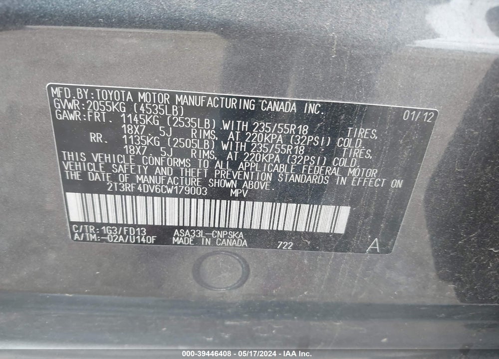2012 TOYOTA RAV4 SPORT VIN: 2T3RF4DV6CW179003