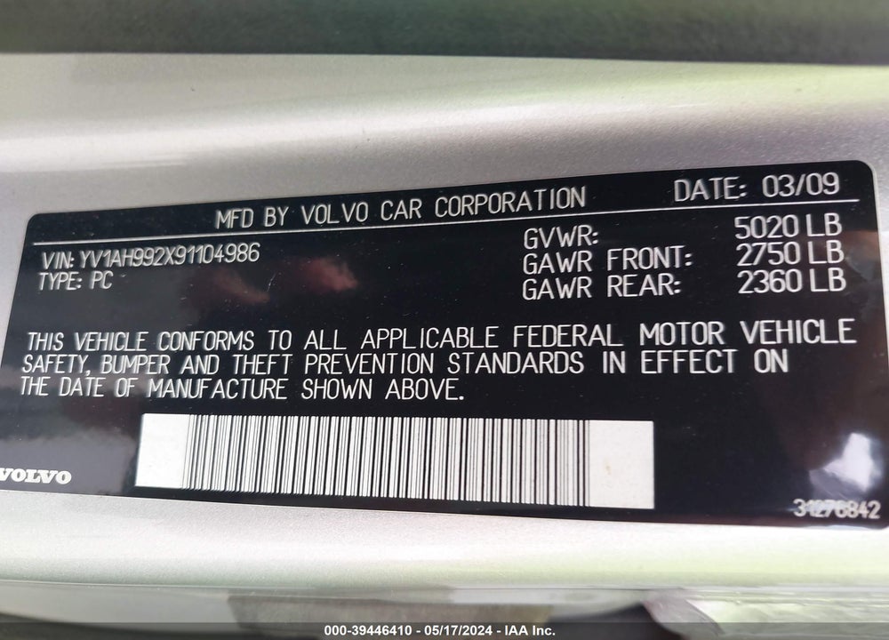 2009 VOLVO S80 VIN: YV1AH992X91104986