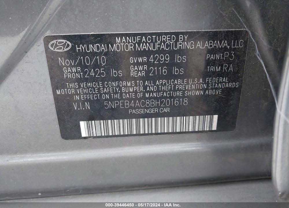 2011 HYUNDAI SONATA GLS VIN: 5NPEB4AC8BH201618