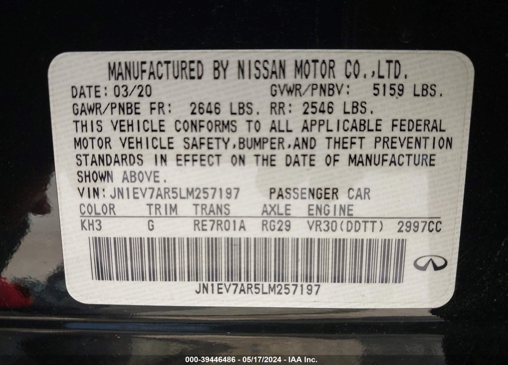 2020 INFINITI Q50 LUXE AWD VIN: JN1EV7AR5LM257197