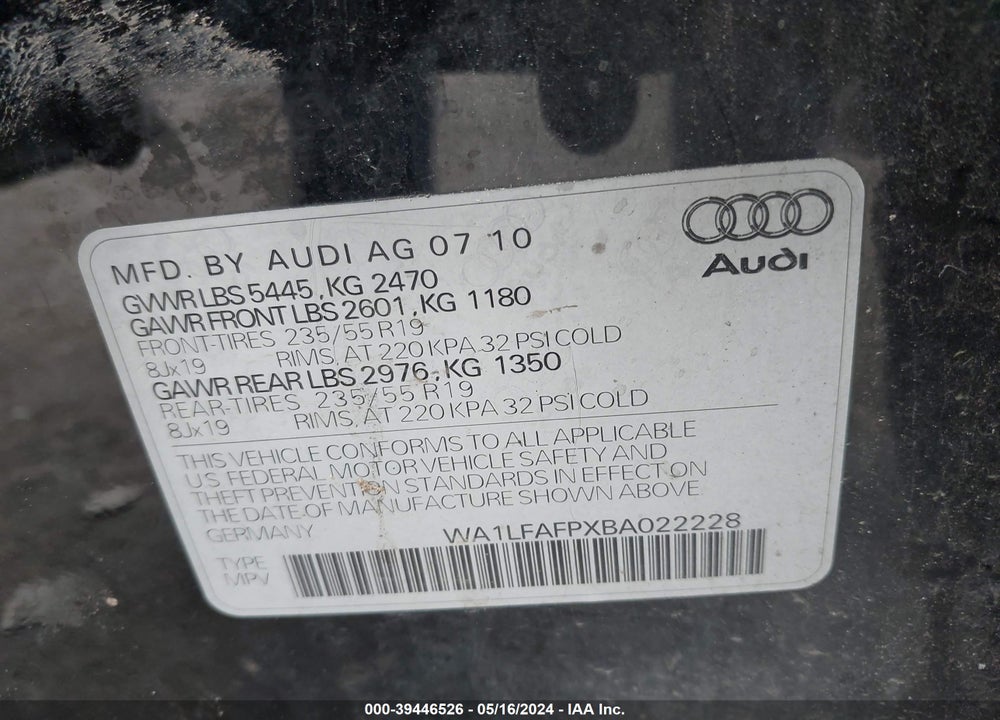 2011 AUDI Q5 2.0T PREMIUM VIN: WA1LFAFPXBA022228
