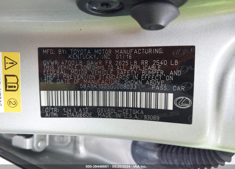 2016 LEXUS ES 350 VIN: 58ABK1GG5GU008033