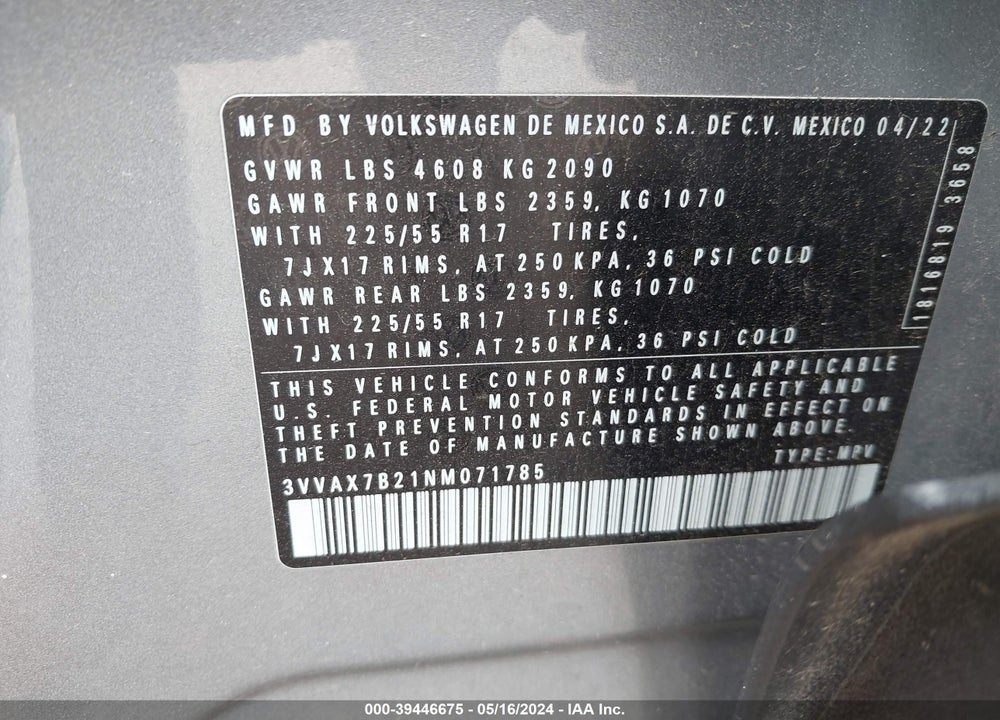 2022 VOLKSWAGEN TAOS 1.5T S VIN: 3VVAX7B21NM071785