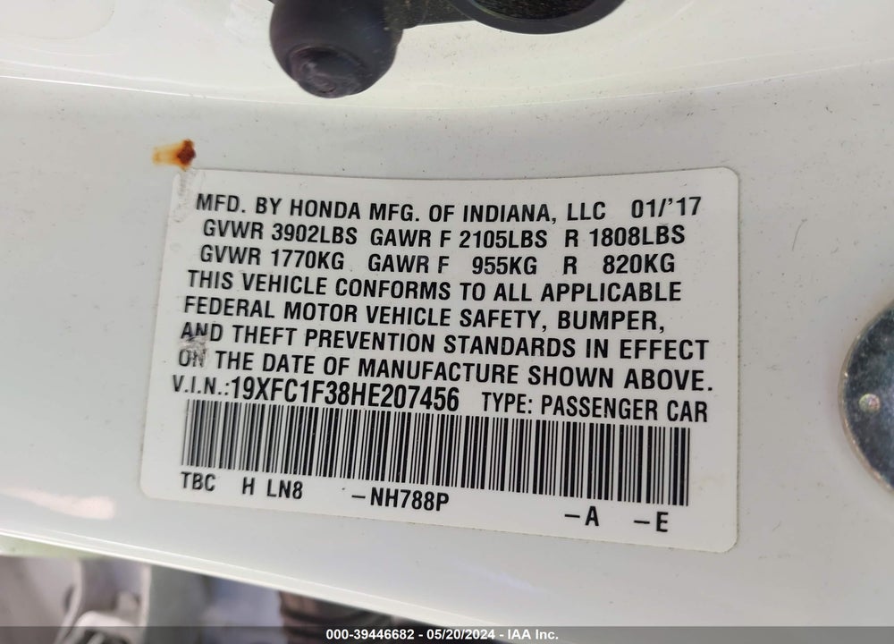 2017 HONDA CIVIC EX-T VIN: 19XFC1F38HE207456
