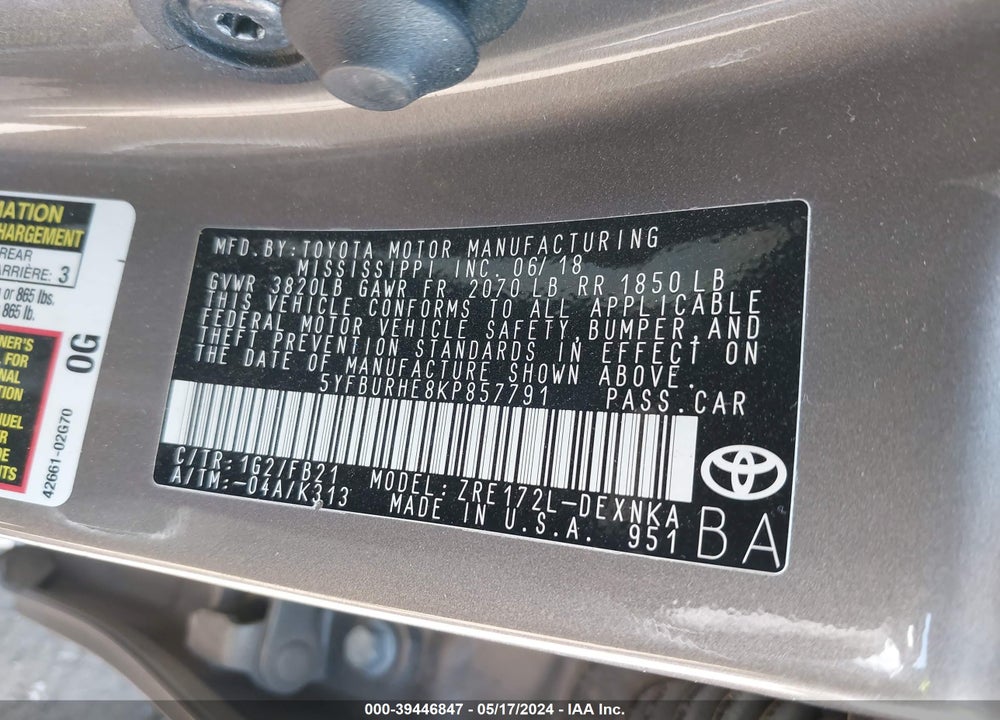 2019 TOYOTA COROLLA LE VIN: 5YFBURHE8KP857791