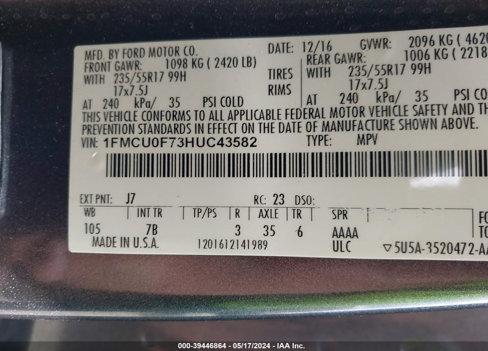 2017 FORD ESCAPE VIN: 1FMCU0F73HUC43582