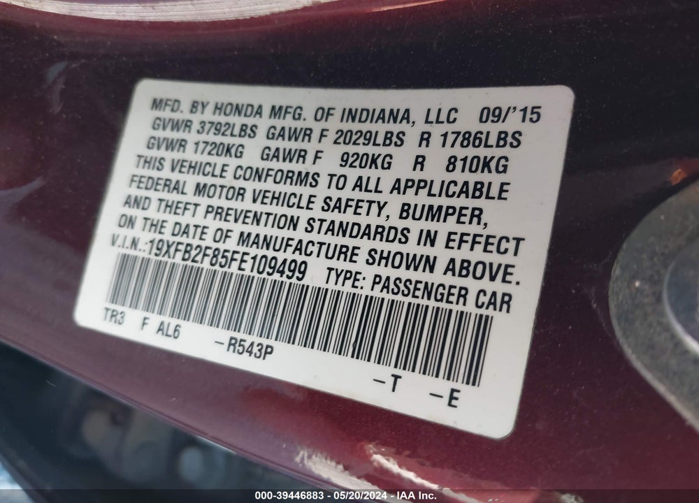 2015 HONDA CIVIC EX VIN: 19XFB2F85FE109499