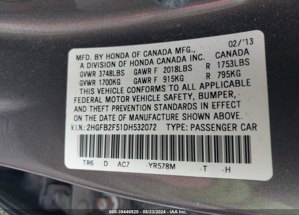 2013 HONDA CIVIC LX VIN: 2HGFB2F51DH532072