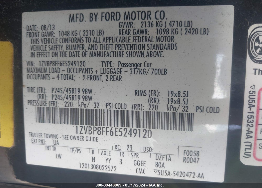 2014 FORD MUSTANG GT PREMIUM VIN: 1ZVBP8FF6E5249120