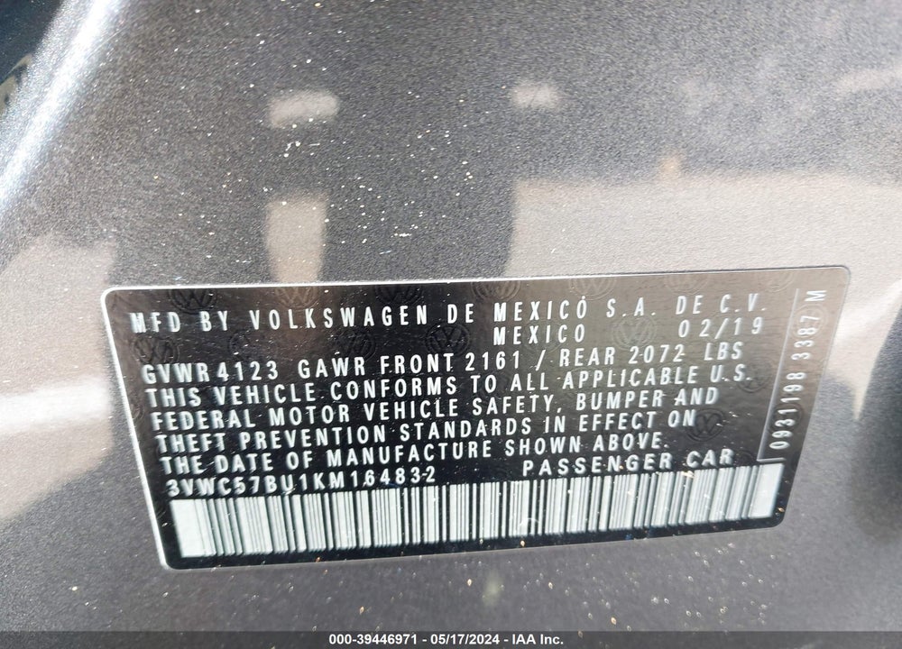2019 VOLKSWAGEN JETTA 1.4T R-LINE/1.4T S/1.4T SE VIN: 3VWC57BU1KM164832