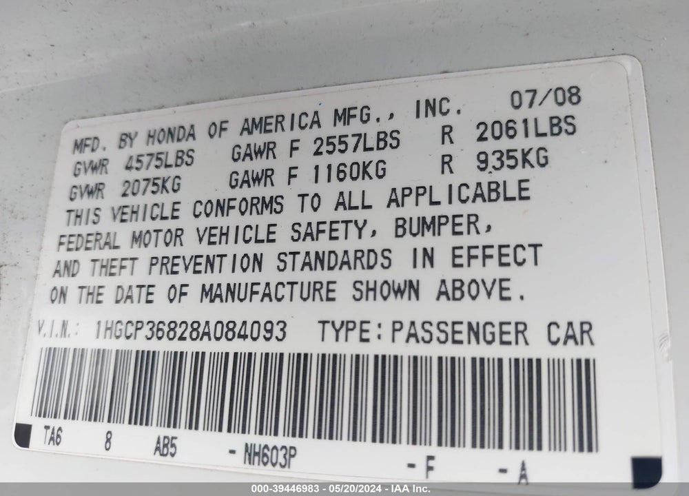 2008 HONDA ACCORD 3.5 EX-L VIN: 1HGCP36828A084093