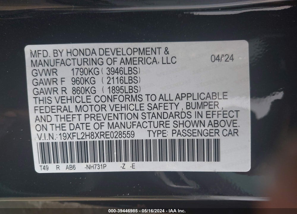 2024 HONDA CIVIC SPORT VIN: 19XFL2H8XRE028559