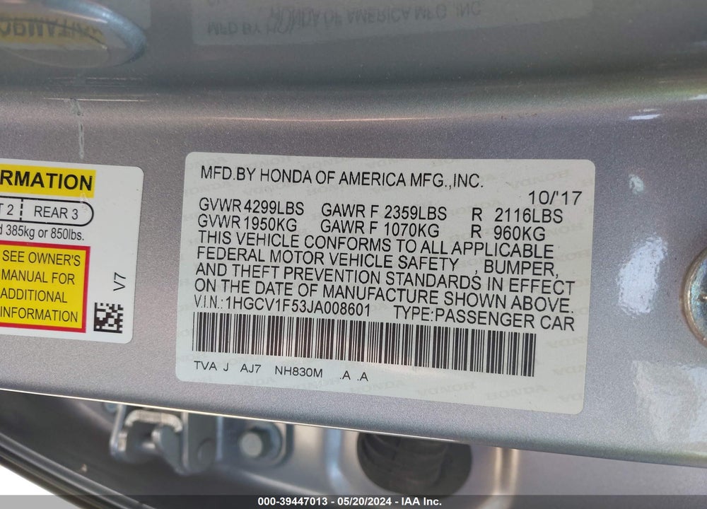 2018 HONDA ACCORD EX-L VIN: 1HGCV1F53JA008601