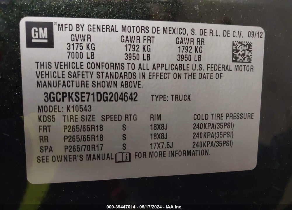 2013 CHEVROLET SILVERADO 1500 LT VIN: 3GCPKSE71DG204642