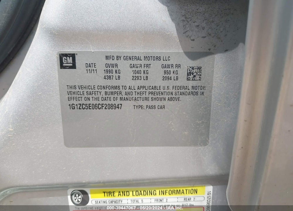 2012 CHEVROLET MALIBU 1LT VIN: 1G1ZC5E06CF208947