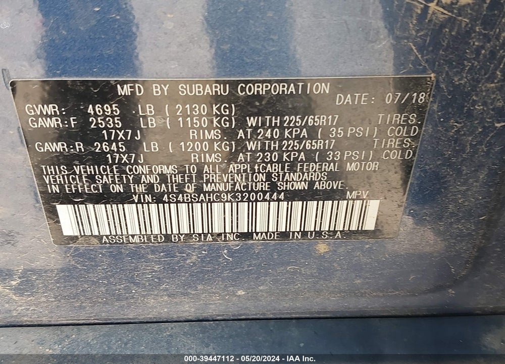 2019 SUBARU OUTBACK 2.5I PREMIUM VIN: 4S4BSAHC9K3200444