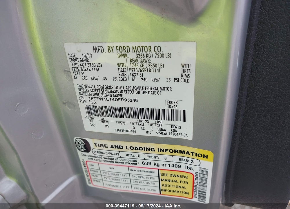 2013 FORD F-150 XLT VIN: 1FTFW1ET4DFD93246