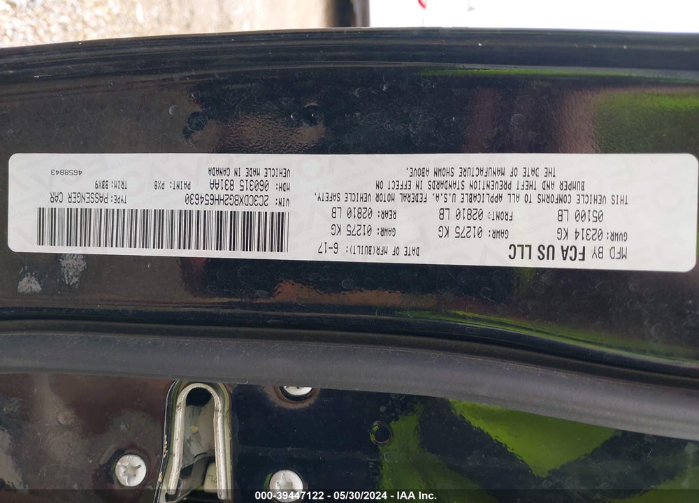 2017 DODGE CHARGER VIN: 2C3CDXBG2HH654630