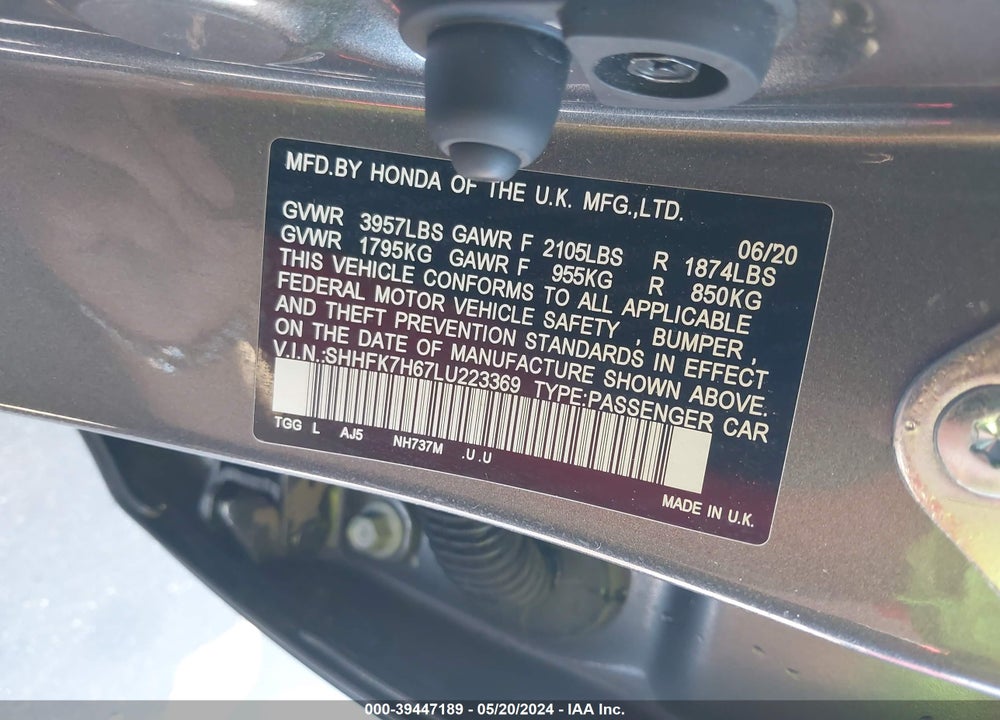2020 HONDA CIVIC EX VIN: SHHFK7H67LU223369