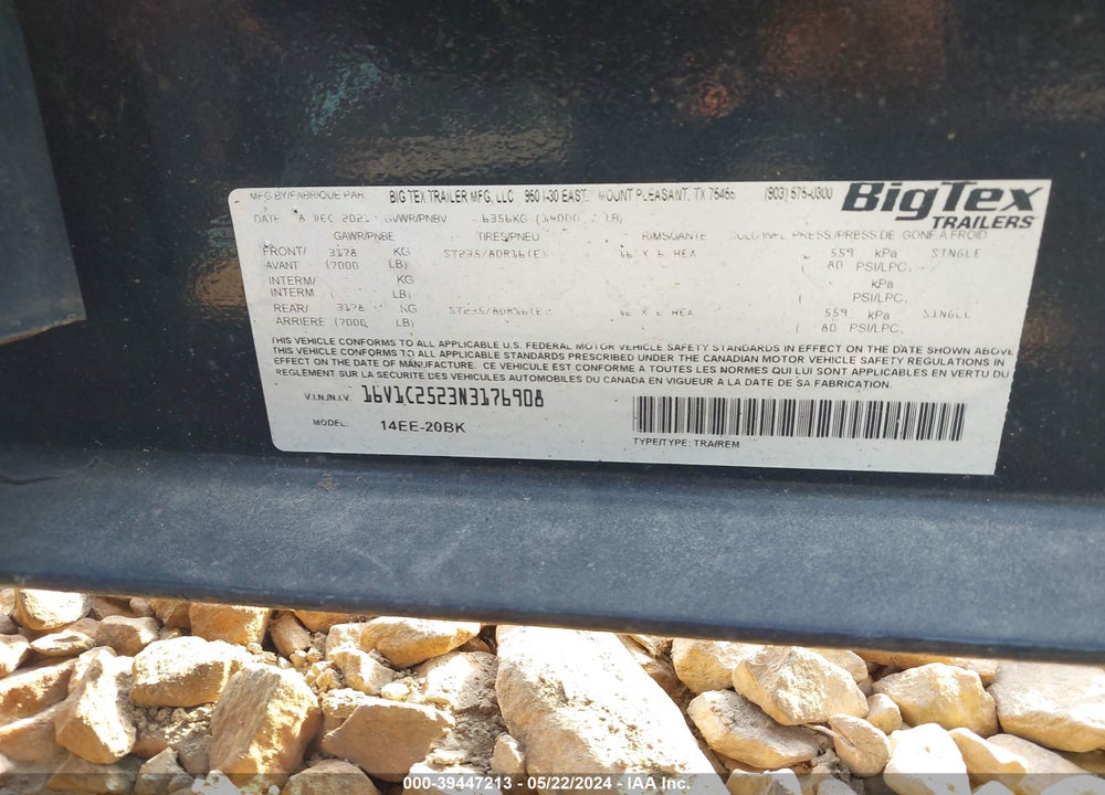 2022 BIG TEX TRAILER CO INC --- VIN: 16V1C2523N3176908
