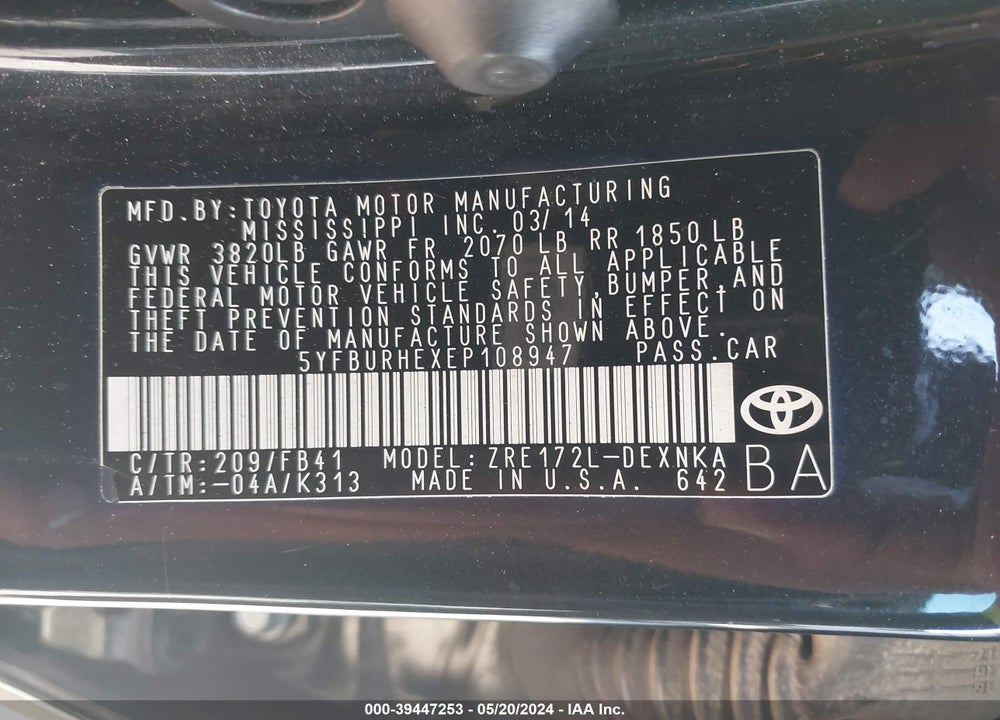 2014 TOYOTA COROLLA LE VIN: 5YFBURHEXEP108947