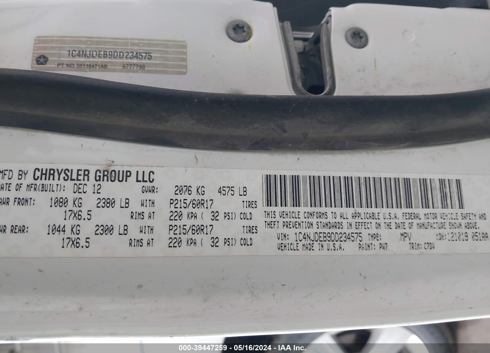 2013 JEEP COMPASS LATITUDE VIN: 1C4NJDEB9DD234575