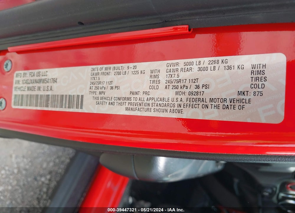 2021 JEEP WRANGLER SPORT S 4X4 VIN: 1C4GJXAN4MW541764