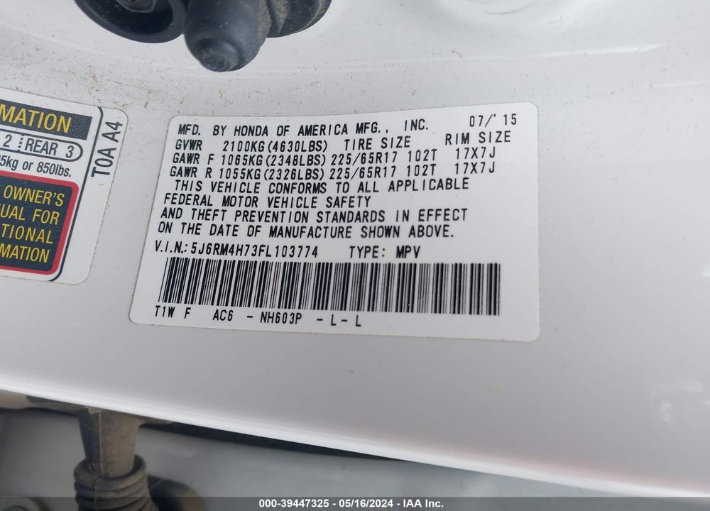 2015 HONDA CR-V EX-L VIN: 5J6RM4H73FL103774