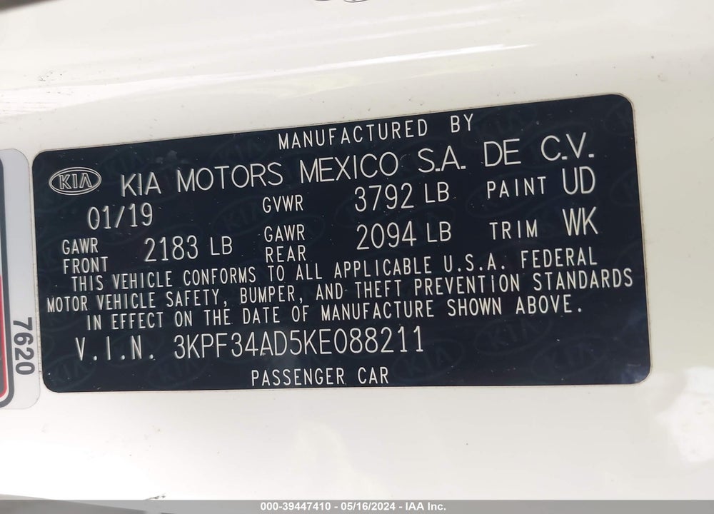 2019 KIA FORTE S VIN: 3KPF34AD5KE088211