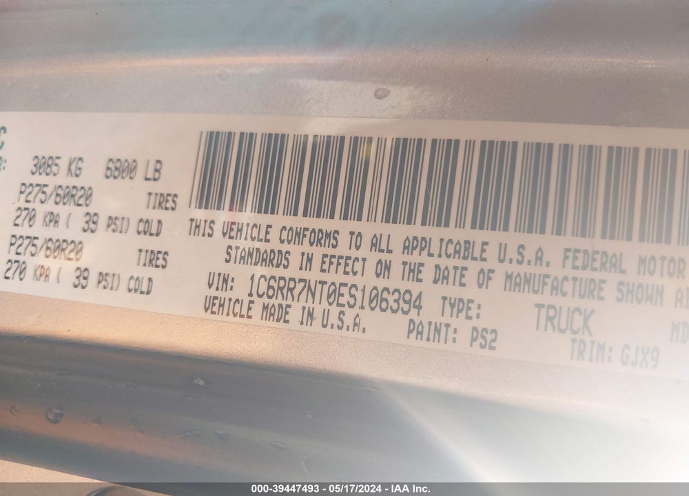 2014 RAM 1500 LAIE VIN: 1C6RR7NT0ES106394
