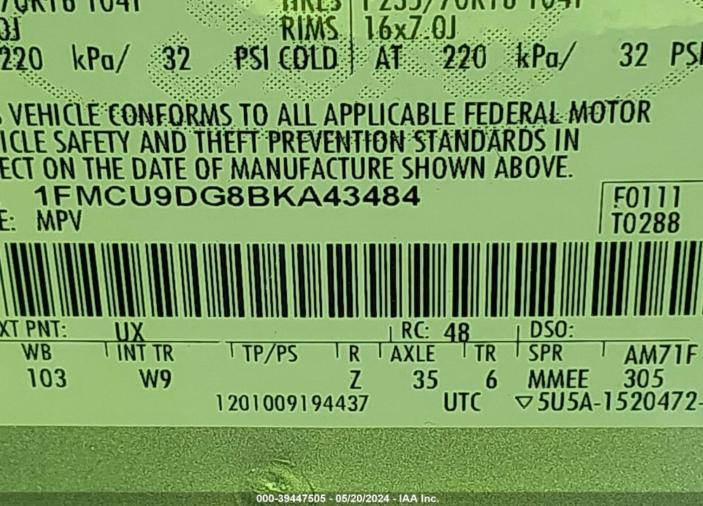 2011 FORD ESCAPE XLT VIN: 1FMCU9DG8BKA43484