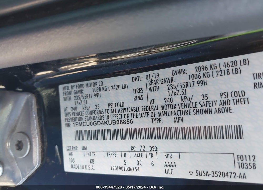 2019 FORD ESCAPE SE VIN: 1FMCU0GD4KUB06856