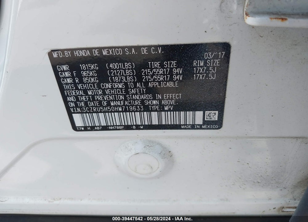 2017 HONDA HR-V EX VIN: 3CZRU5H50HM719633