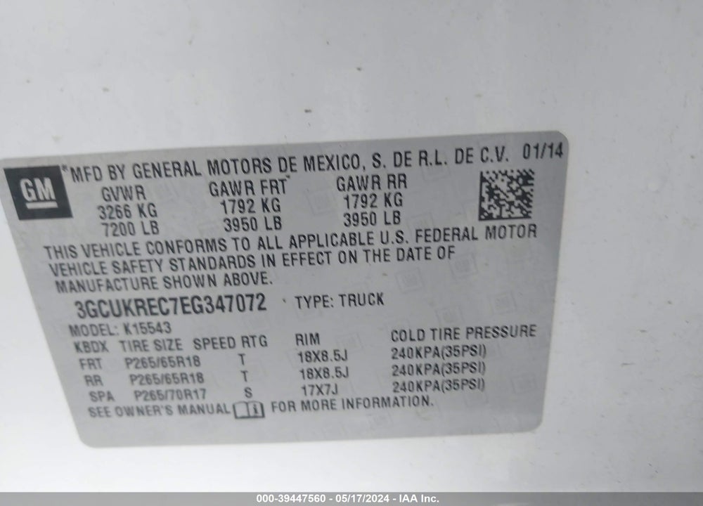 2014 CHEVROLET SILVERADO 1500 2LT VIN: 3GCUKREC7EG347072