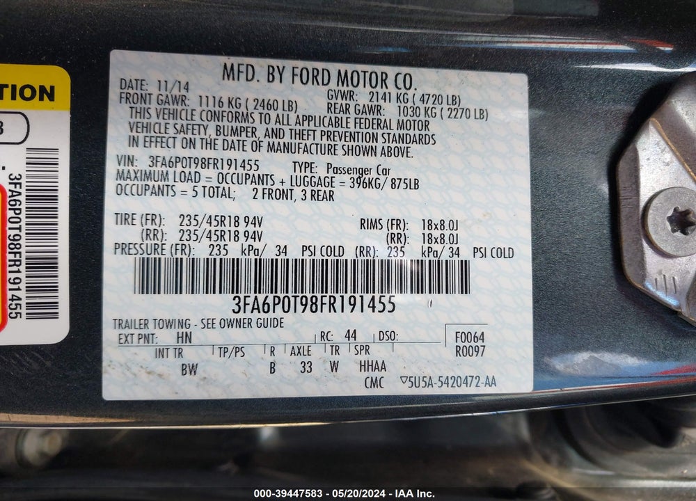 2015 FORD FUSION SE VIN: 3FA6P0T98FR191455