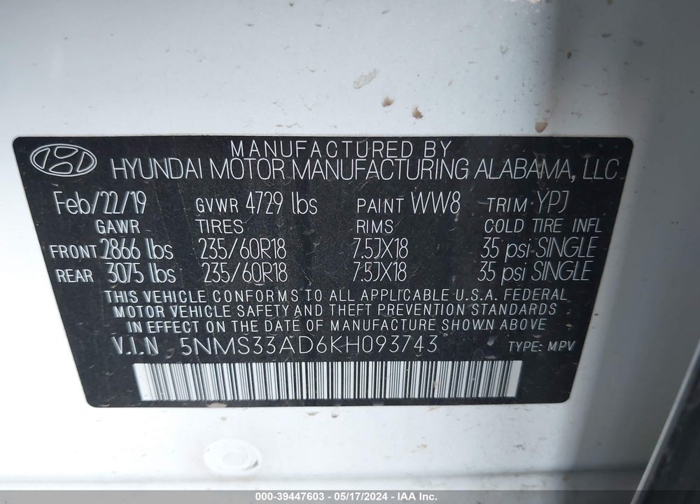 2019 HYUNDAI SANTA FE SEL PLUS VIN: 5NMS33AD6KH093743
