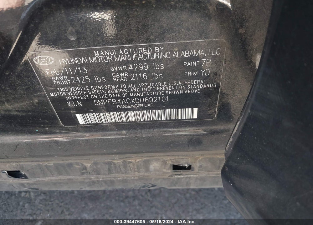2013 HYUNDAI SONATA GLS VIN: 5NPEB4ACXDH692101