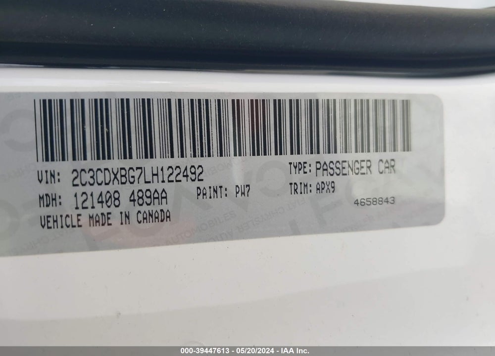 2020 DODGE CHARGER SXT RWD VIN: 2C3CDXBG7LH122492