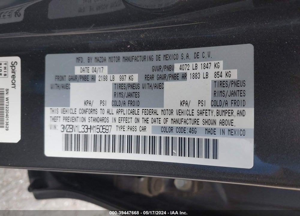 2017 MAZDA 3 TOURING 2.5 VIN: 3MZBN1L33HM150597