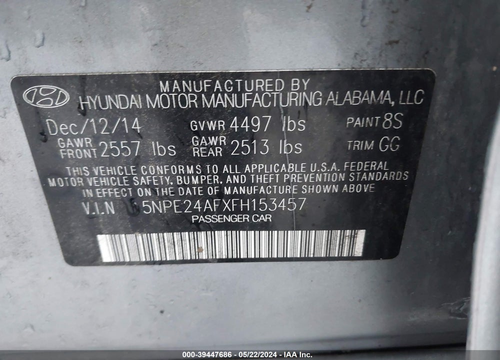2015 HYUNDAI SONATA SE VIN: 5NPE24AFXFH153457