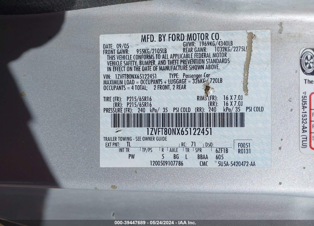 2006 FORD MUSTANG V6 VIN: 1ZVFT80NX65122451