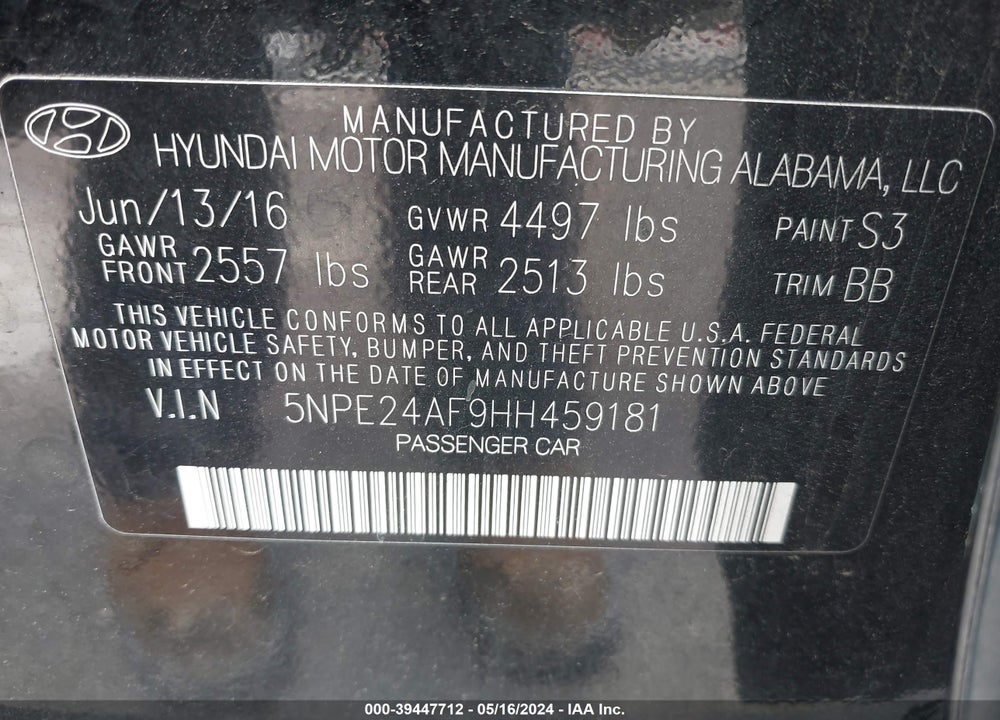 2017 HYUNDAI SONATA SE VIN: 5NPE24AF9HH459181
