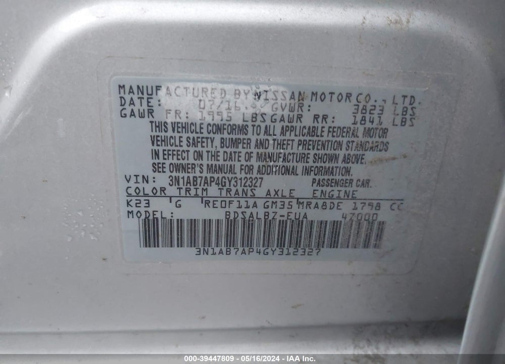 2016 NISSAN SENTRA S VIN: 3N1AB7AP4GY312327