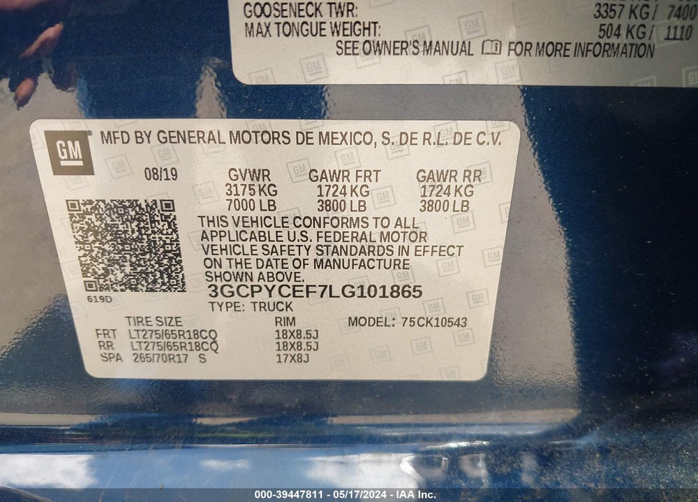 2020 CHEVROLET SILVERADO 1500 4WD SHORT BED CUSTOM TRAIL BOSS VIN: 3GCPYCEF7LG101865