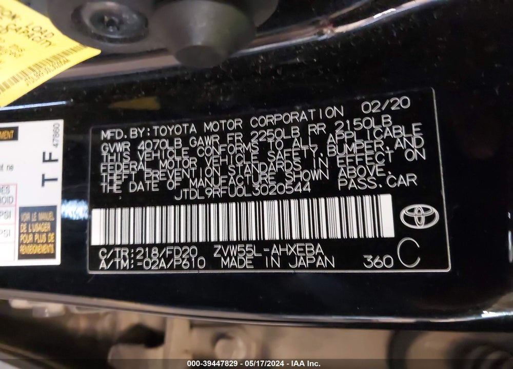 2020 TOYOTA PRIUS LE AWD-E VIN: JTDL9RFU0L3020544