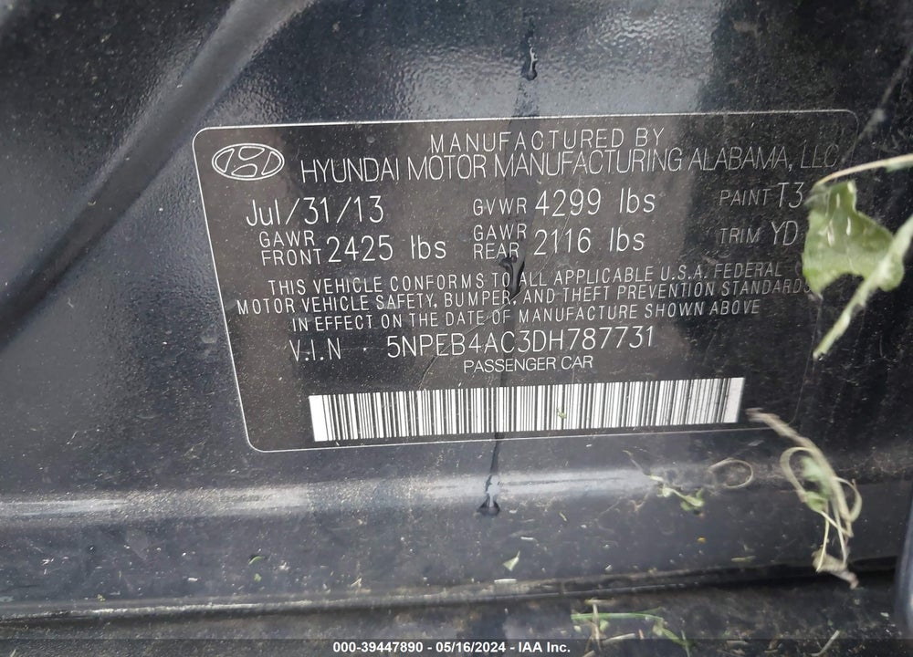 2013 HYUNDAI SONATA GLS VIN: 5NPEB4AC3DH787731