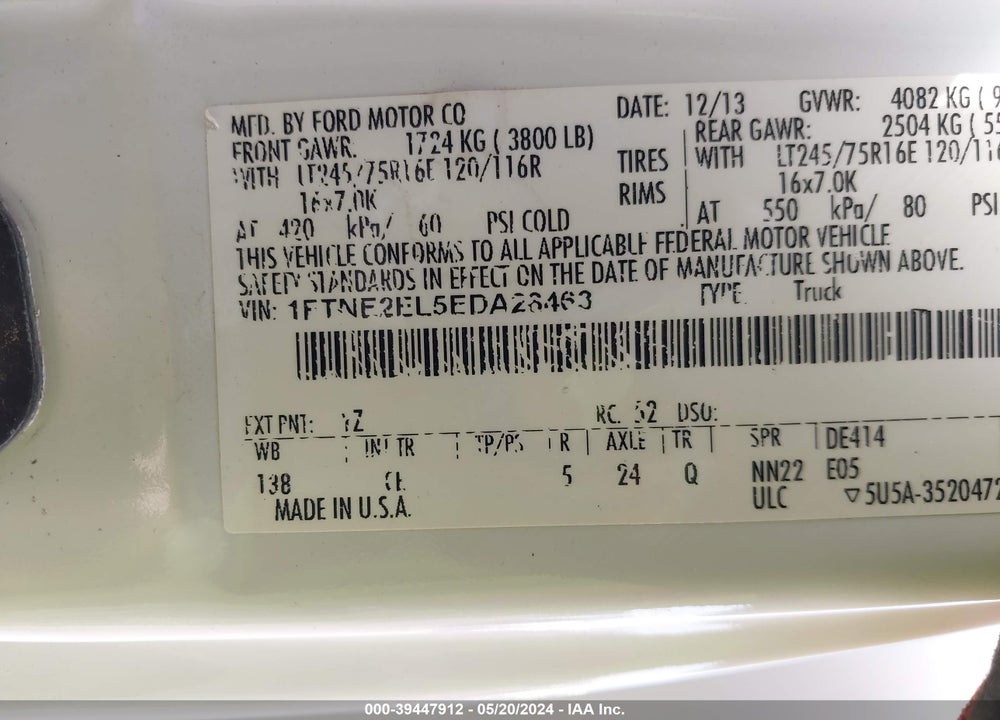 2014 FORD E-250 COMMERCIAL VIN: 1FTNE2EL5EDA28463
