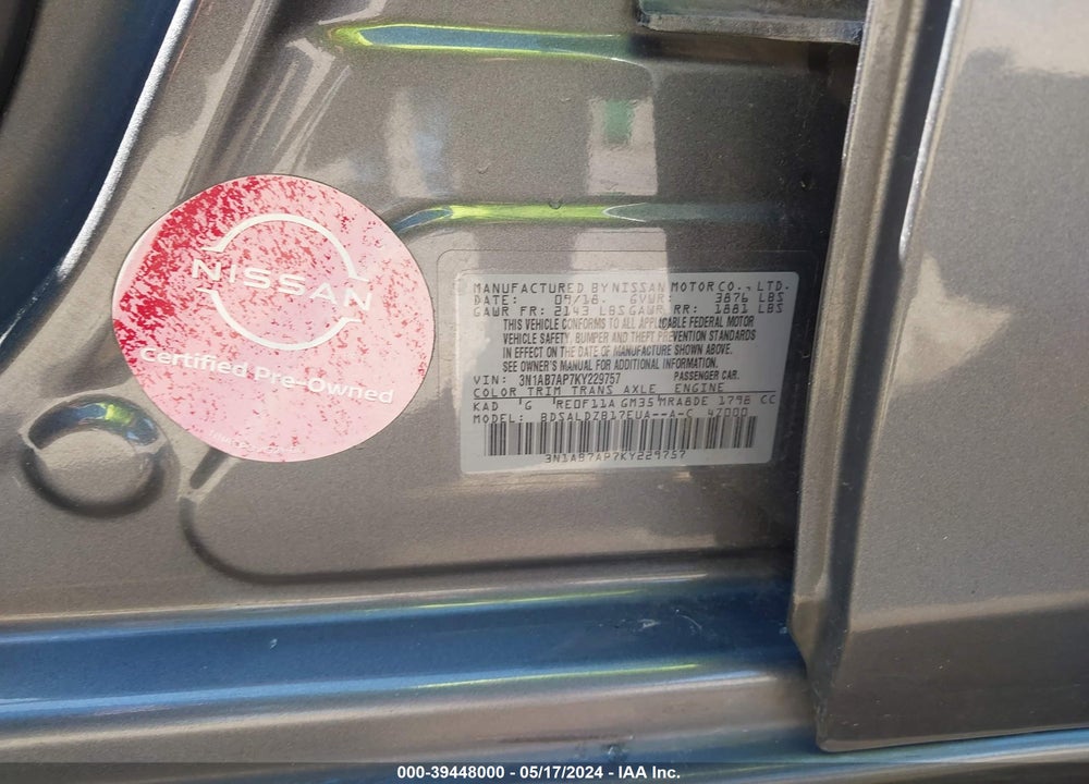 2019 NISSAN SENTRA SV VIN: 3N1AB7AP7KY229757