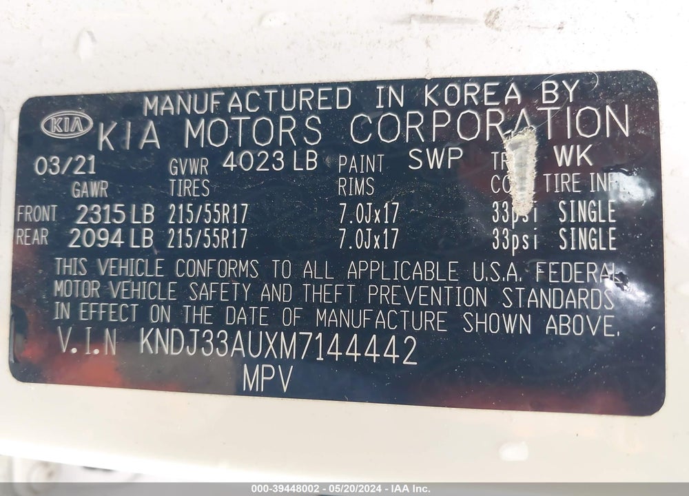 2021 KIA SOUL EX VIN: KNDJ33AUXM7144442