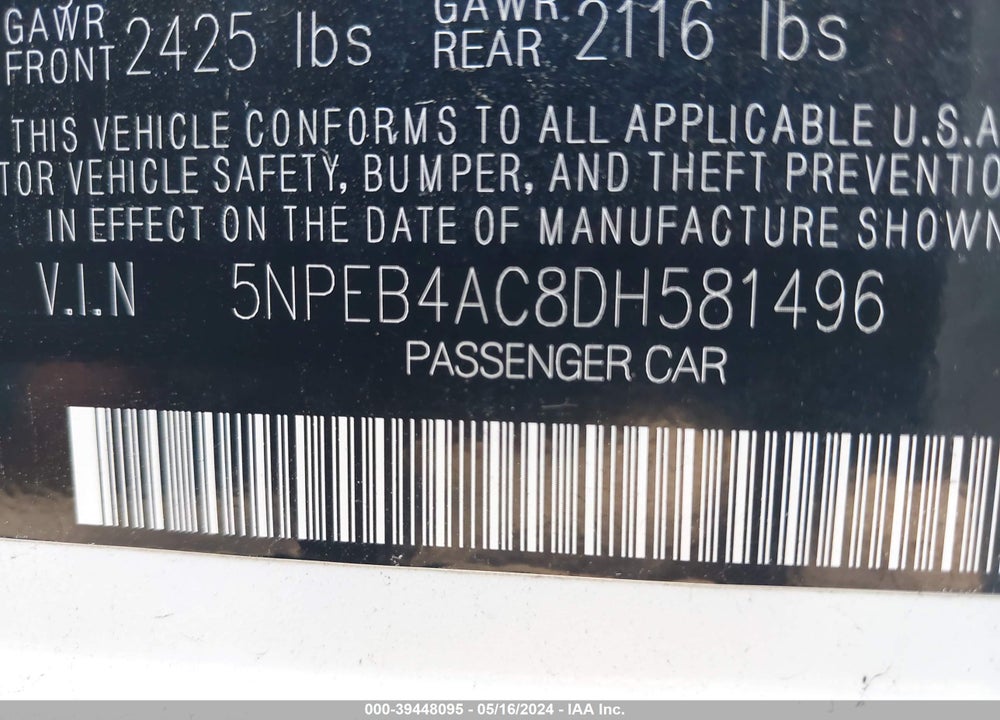 2013 HYUNDAI SONATA VIN: 5NPEB4AC8DH581496